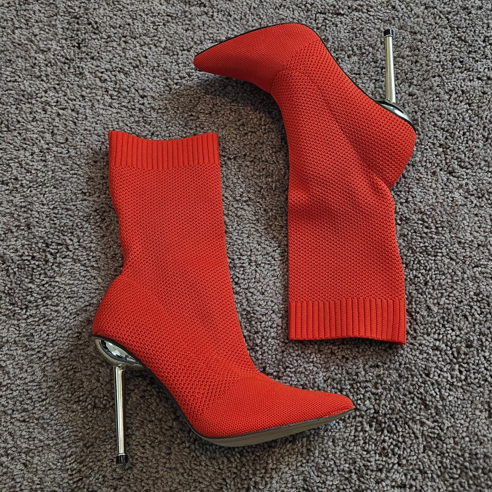 LILIANA BANKS Orange Knit Sock Stiletto Heel Ankle Boots Women's Size 7.5 Party